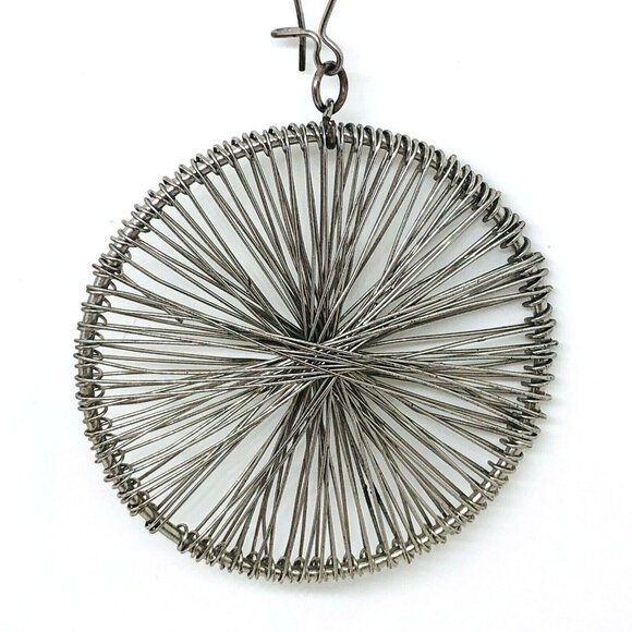 Vintage 1980s Handmade Silver Tone Wire Dangle Earrings 3.5" Round Drop - Picture 2 of 8